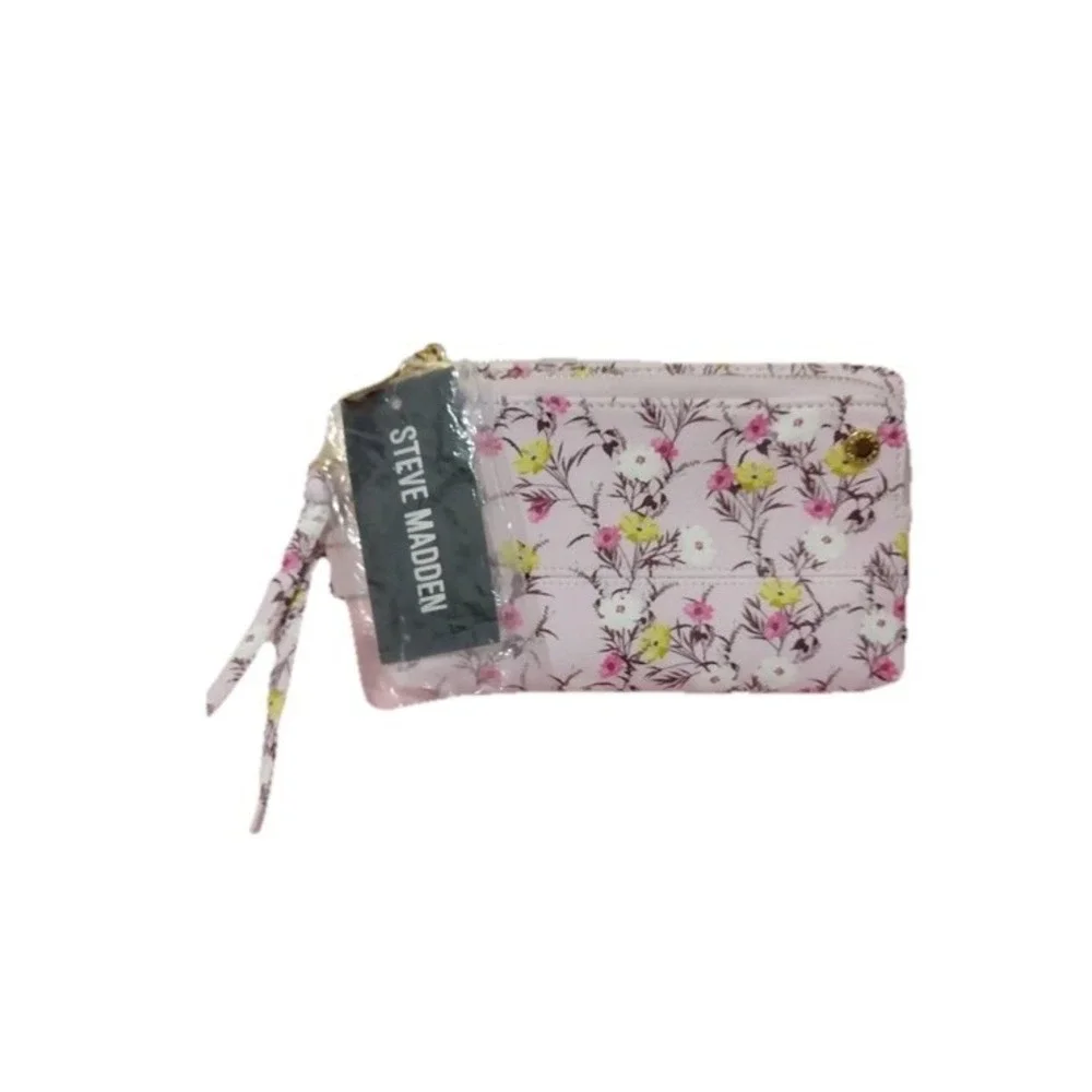 Steve Madden Large Zip Around Wristlet Wallet With A Pink Floral Pink New